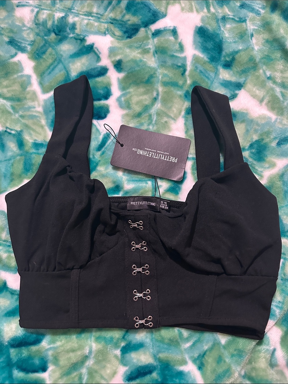 PrettyLittleThing Black Piped Hook & Eye Crop Top UK10/USA6,New